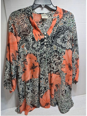 Women's BEDFORD FAIR Orange Black Floral Tunic Top 2X